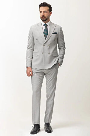 Mcr Düz Slim Fit Kırlangıc Yaka Kruvaze Erkek Takım Elbise Açık Gri - 40841.22Y
