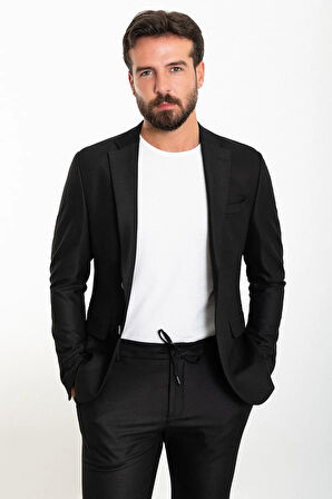 Mcr Düz Siyah Slim Fit Mono Yaka Ipli Erkek Takım Elbise 45287