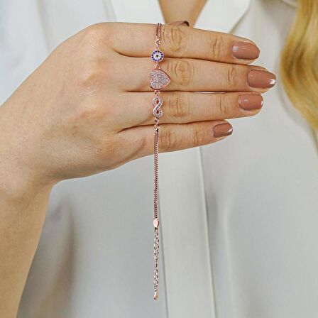 Sonsuzluk Kalp Nazar Tasarımlı Rose Renk 925 Ayar Gümüş Kadın Bileklik