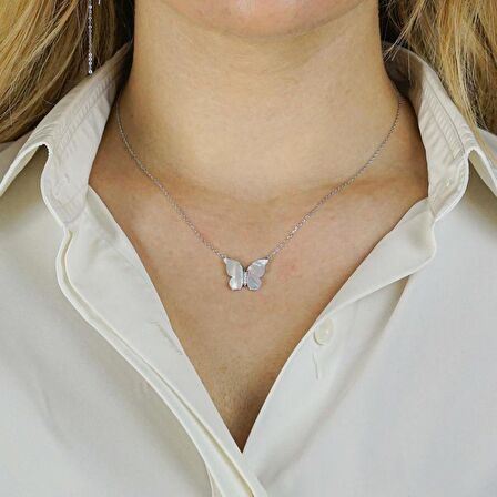 Sedef Taşlı Kelebek Tasarımlı 925 Ayar Gümüş Kadın Kolye