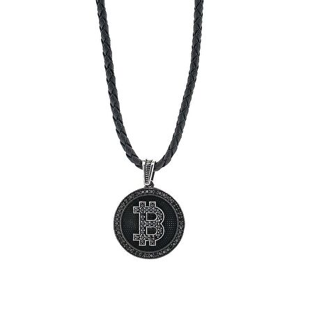 Bitcoin 925 Ayar Gümüş Deri İpli Kolye