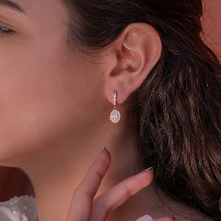 Oval Tasarımlı Baget Taşlı Sallantılı Rose 925 Ayar Gümüş Küpe