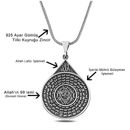 Mührü Süleyman ve Esmaül Hüsna Dua İşlemeli 925 Ayar Gümüş Kolye