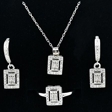 Özel Pırlanta Tasarımlı 925 Ayar Gümüş Baget Set Kolye Küpe Yüzük