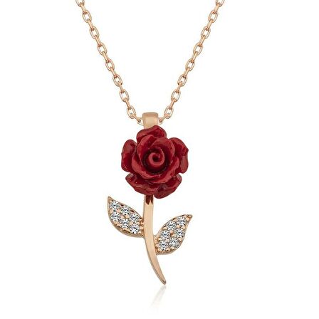 Kırmızı Gül Tasarımlı Gümüş Kolye Rose