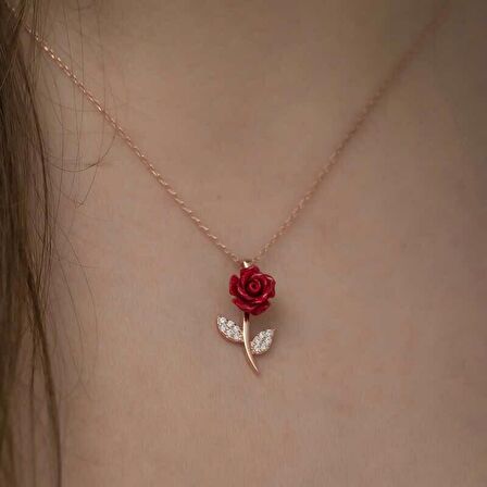 Kırmızı Gül Tasarımlı Gümüş Kolye Rose