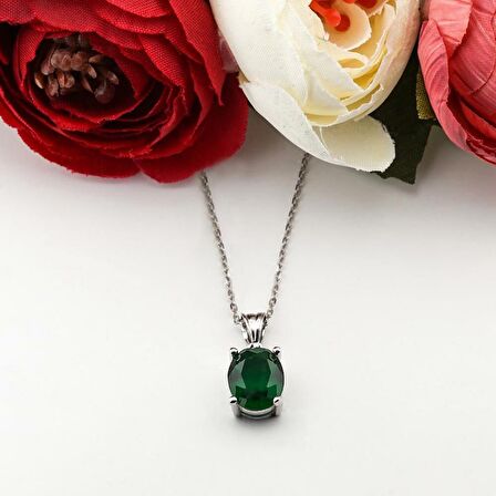 Oval Yeşil Zirkon Taşlı Gümüş Bayan Kolye