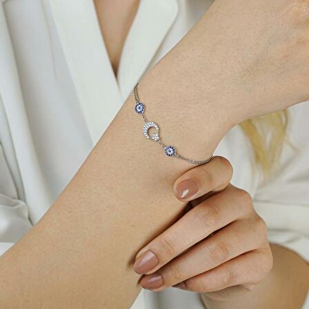 925 Ayar Gümüş Nazar Boncuklu  Ay Yıldız Kadın  Bileklik