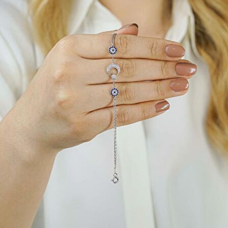 925 Ayar Gümüş Nazar Boncuklu  Ay Yıldız Kadın  Bileklik