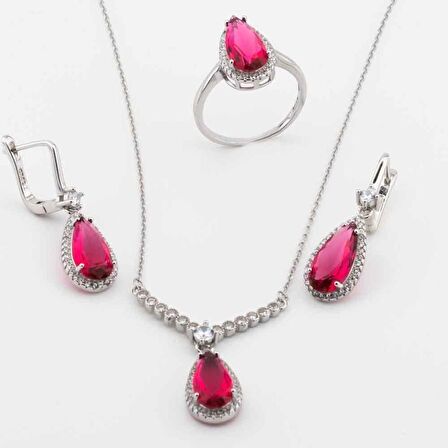925 Ayar Gümüş Pembe Zirkon Taşlı Damla Set