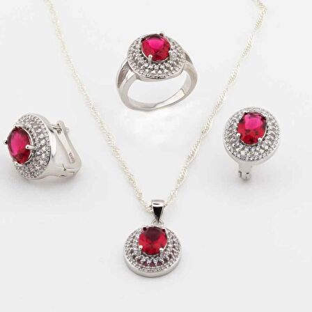 925 Ayar Gümüş Kırmızı Oval Zirkon Taşlı Set