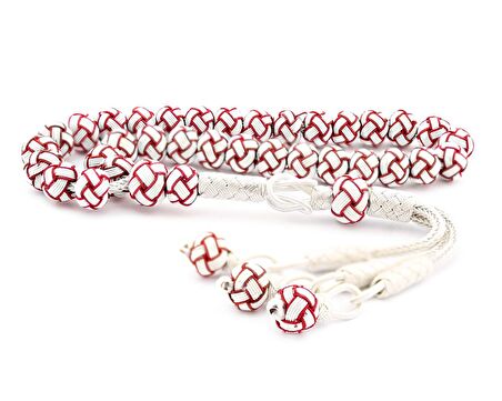 Kırmızı Beyaz Kazaz El Örmesi Bilek Boy Gümüş Tesbih