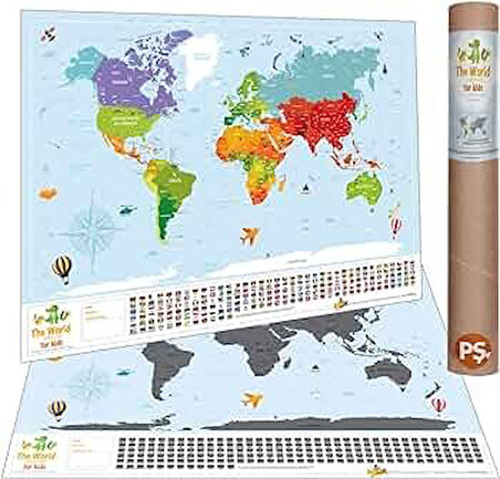 Scratch Map Kazınabilir Dünya Haritası 2’li Klasik Ve Kids Versiyon Büyük Boy Dünya Haritaları