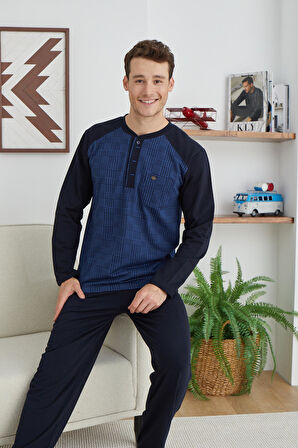 Kly Midi Yaka Uzun Kol Erkek  Pijama Takım 8032 İndigo