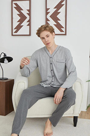 Kly 6007 Gri Pamuklu V Yaka Önden Düğmeli Erkek Pijama Takımı