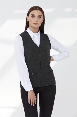 Desen Triko Kadın Çelik Örgü Cebi Fermuarlı Düz Triko Yelek 02421003 K.Füme