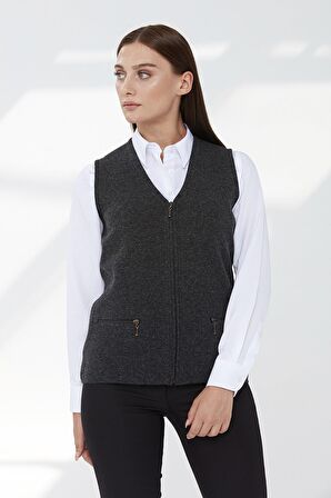 Desen Triko Kadın Çelik Örgü Cebi Fermuarlı Düz Triko Yelek 02421003 K.Füme