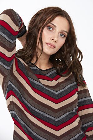 Desen Triko Kadın Çizgili Sıfır Yaka Yün Kazak 0242293 Siyah