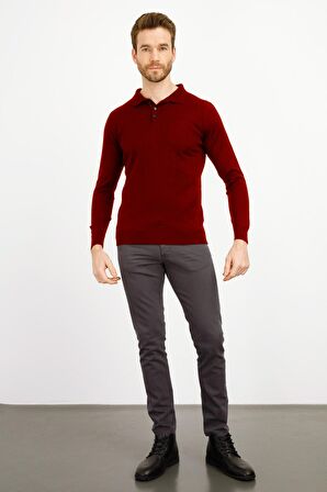 Desen Triko Erkek Basic Polo Yaka İnce Triko Kazak 02421601 Bordo