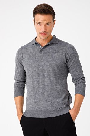 Desen Triko Erkek Basic Polo Yaka İnce Triko Kazak 02421601 Füme