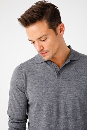 Desen Triko Erkek Basic Polo Yaka İnce Triko Kazak 02421601 Füme