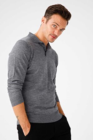 Desen Triko Erkek Basic Polo Yaka İnce Triko Kazak 02421601 Füme