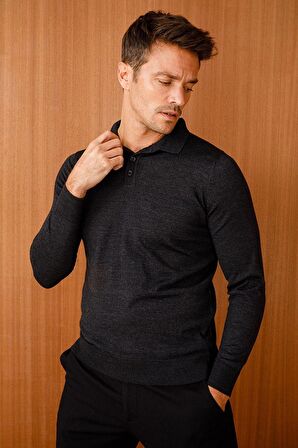 Desen Triko Erkek Basic Polo Yaka İnce Triko Kazak 02421601 Siyah