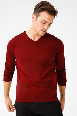 Desen Triko Erkek Basic V Yaka İnce Triko Kazak 02421602 Bordo