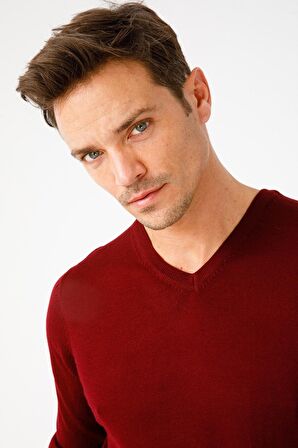 Desen Triko Erkek Basic V Yaka İnce Triko Kazak 02421602 Bordo