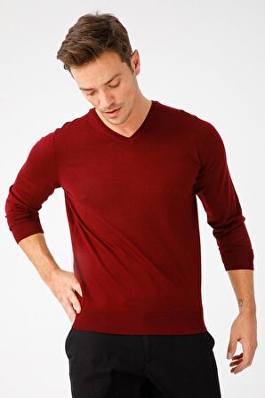Desen Triko Erkek Basic V Yaka İnce Triko Kazak 02421602 Bordo