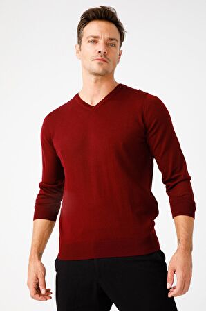 Desen Triko Erkek Basic V Yaka İnce Triko Kazak 02421602 Bordo