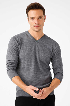 Desen Triko Erkek Basic V Yaka İnce Triko Kazak 02421602 Füme