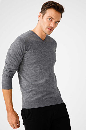 Desen Triko Erkek Basic V Yaka İnce Triko Kazak 02421602 Füme