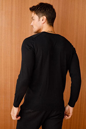 Desen Triko Erkek Basic V Yaka İnce Triko Kazak 02421602 Siyah