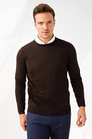 Desen Triko Erkek Basic Sıfır Yaka İnce Triko Kazak 02421603 Koyu Kahve