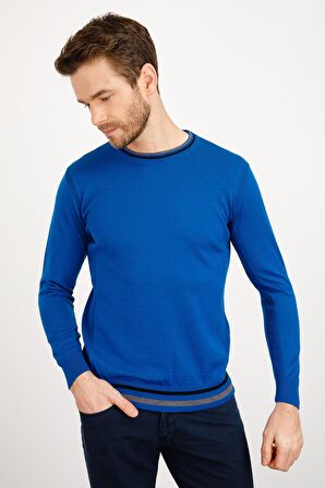 Desen Triko Erkek Yaka Kenarı Çizgili Bisiklet Yaka Yün Kazak 02421612 Saks