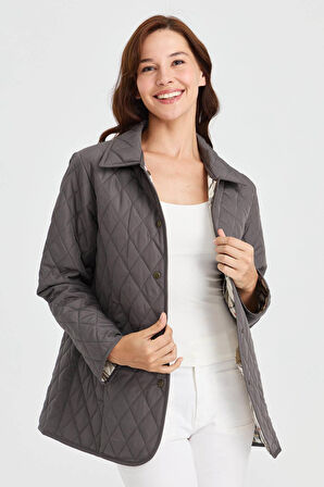 Desen Triko Kadın Kapitone Araboy Ceket 02421433 Gri