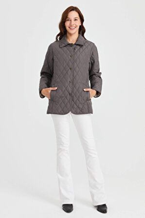 Desen Triko Kadın Kapitone Araboy Ceket 02421433 Gri