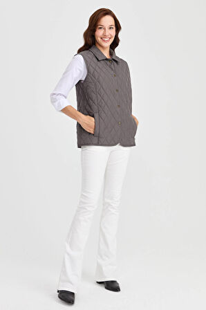 Desen Triko Kadın Kapitone Yelek 02421437 Gri