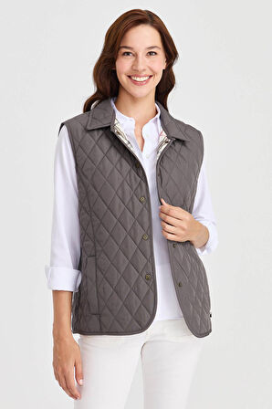 Desen Triko Kadın Kapitone Yelek 02421437 Gri