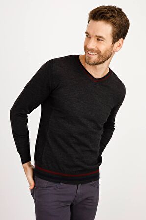 Desen Triko Erkek Yaka Kenarı Çizgili V Yaka Yün Kazak 02421613 K.Füme