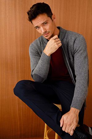 Desen Triko Erkek Pike Dokuma Fermuarlı Cepli Triko Mont 22523 Füme