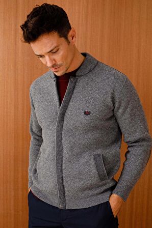 Desen Triko Erkek Pike Dokuma Fermuarlı Cepli Triko Mont 22523 Füme