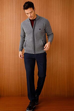 Desen Triko Erkek Pike Dokuma Fermuarlı Cepli Triko Mont 22523 Füme