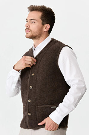 Desen Triko Erkek V Yaka Keçe Aksesuarlı Pike Dokuma Yün Yelek 02422569 Koyu Kahve