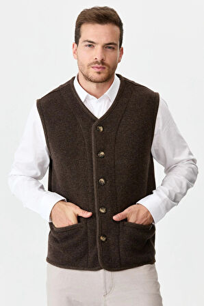 Desen Triko Erkek V Yaka Keçe Aksesuarlı Pike Dokuma Yün Yelek 02422569 Koyu Kahve