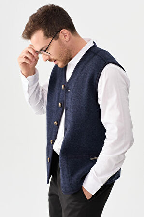 Desen Triko Erkek V Yaka Keçe Aksesuarlı Pike Dokuma Yün Yelek 02422569 Lacivert