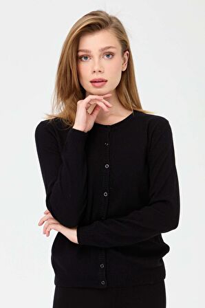 Desen Triko Kadın Sıfır Yaka Triko Yün Hırka 21031 Siyah