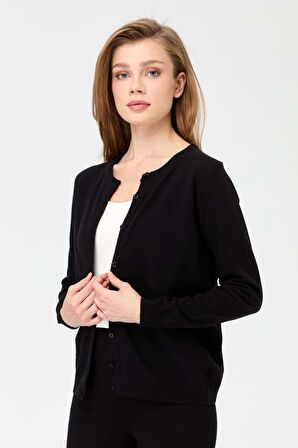 Desen Triko Kadın Sıfır Yaka Triko Yün Hırka 21031 Siyah