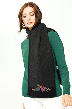 Desen Triko Kadın Nakış İşlemeli Saf Yün Kaşkol 02421155 Siyah